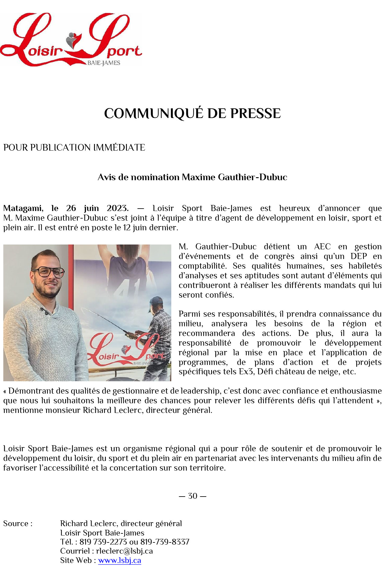 Communiqué de presse Maxime Gauthier Dupuis